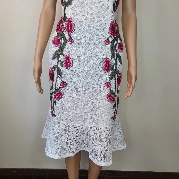 vintage lace floral dress Embroidered white Sz 12 frill fishtail KOREAN cocktail - Picture 6 of 8